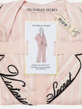 Victoria’s Secret Iconic Stripe Flannel Pajama Set Pink White Stripe NWT XS